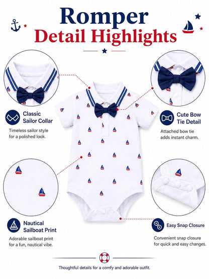 H HIBOBI 2pcs/Set Baby Boy Sailboat Printed Short Sleeve Romper And Dungaree Shorts Set For Spring/Summer