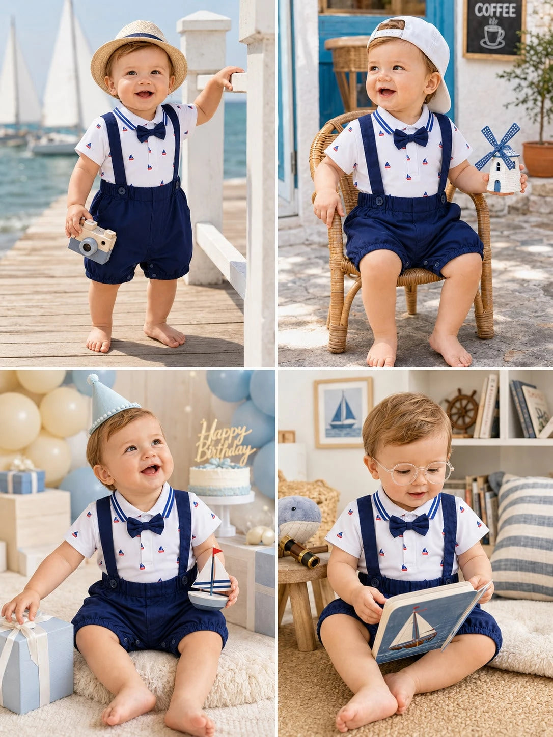 H HIBOBI 2pcs/Set Baby Boy Sailboat Printed Short Sleeve Romper And Dungaree Shorts Set For Spring/Summer