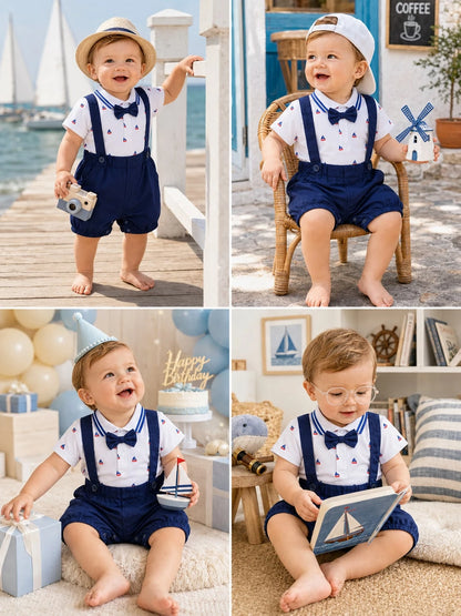 H HIBOBI 2pcs/Set Baby Boy Sailboat Printed Short Sleeve Romper And Dungaree Shorts Set For Spring/Summer
