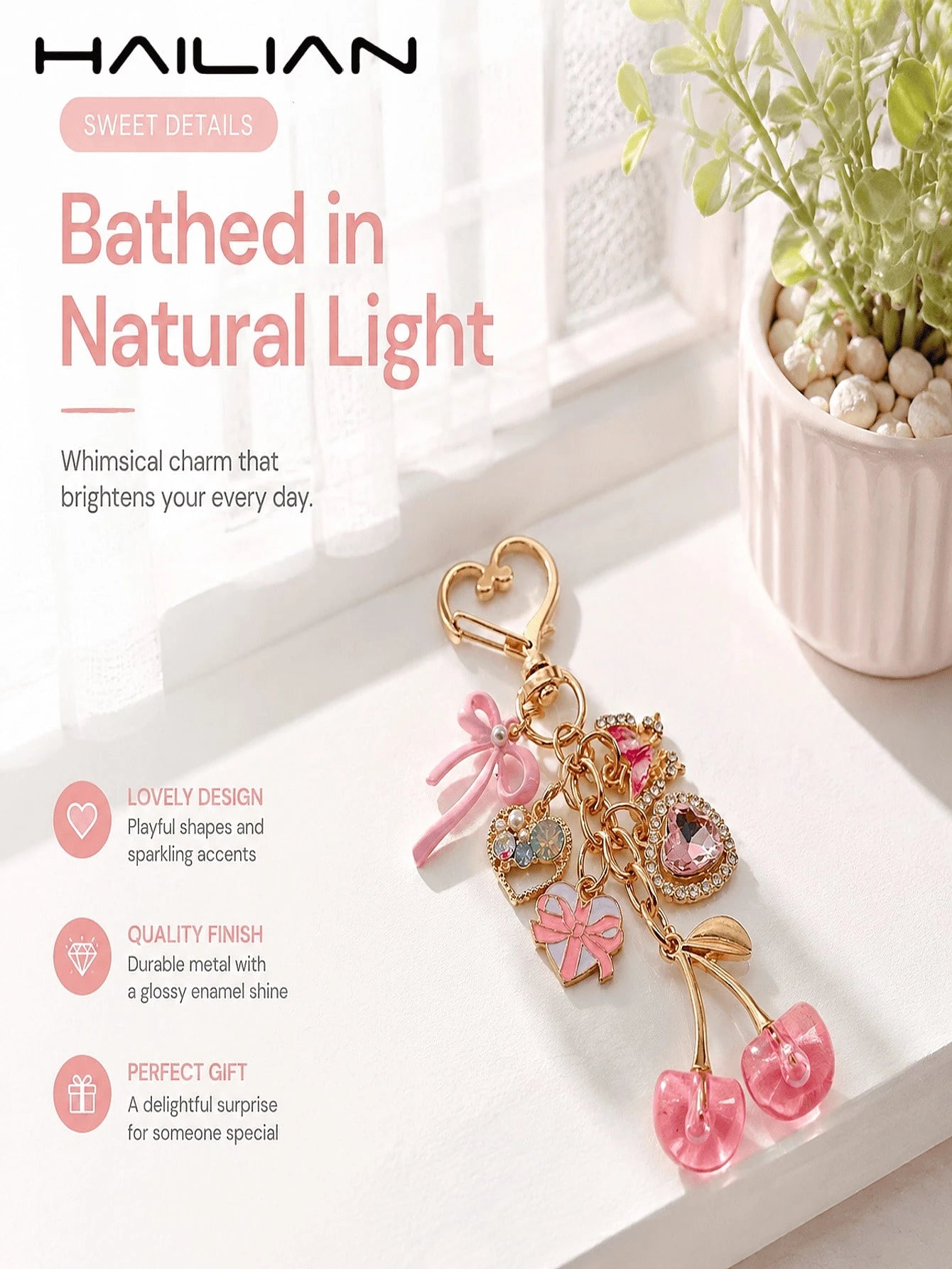 HAILIAN This Alloy Heart-Shaped Clasp Is Decorated With Bow, Heart, Butterfly And Cherry Patterns, Elegant And Exquisite, Can Be Used As A Women's Handbag Charm/Wallet Charm/Keychain. Suitable For Dec