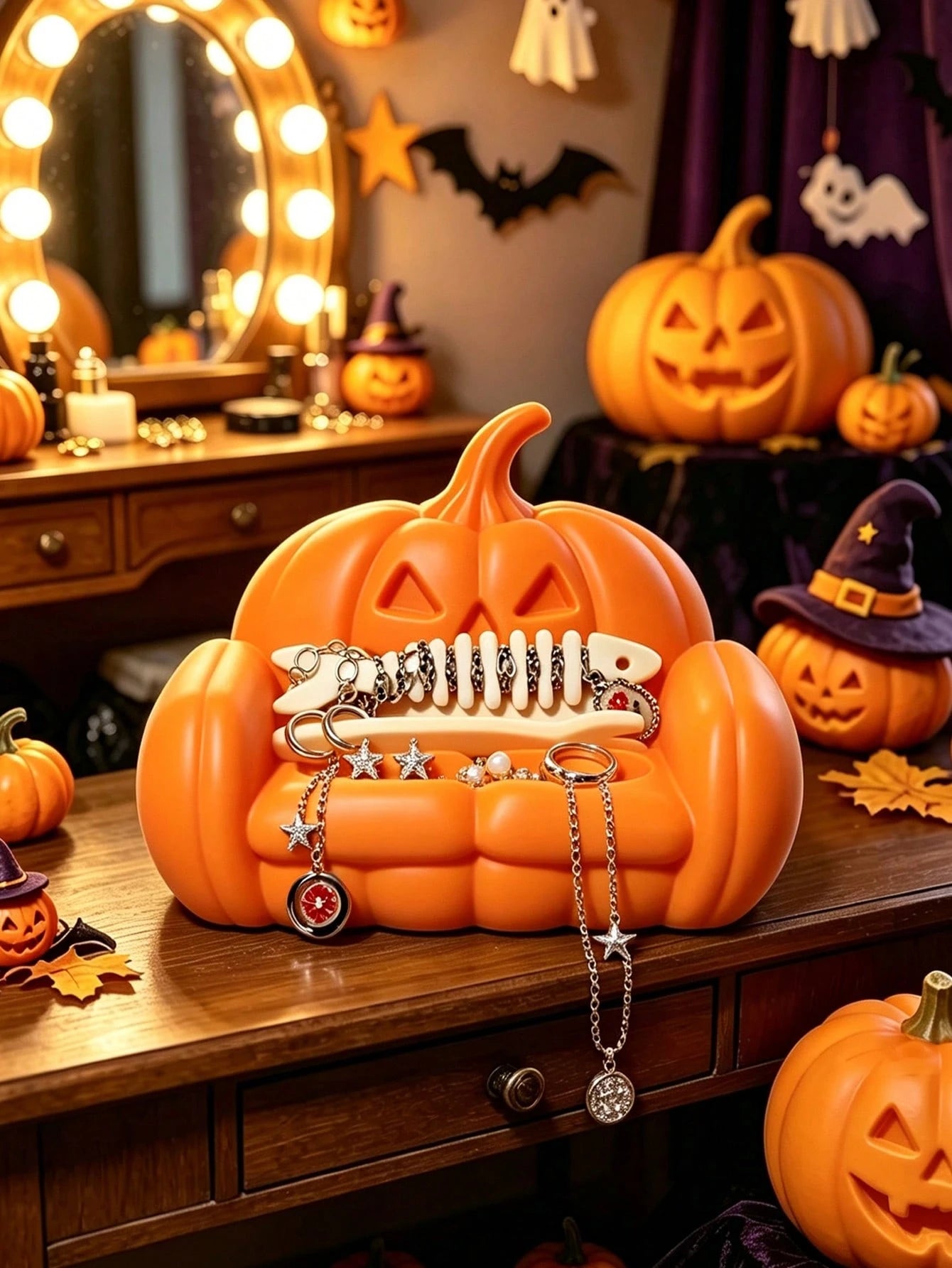 Halloween Pumpkin Sofa Shaped Jewelry Storage Tray, Cute Ghost Sofa, Pumpkin Sofa Ring Necklace Earring Storage Rack, Gothic Halloween Resin Decorative Jewelry Storage Dish, Small Desktop Accessory Di