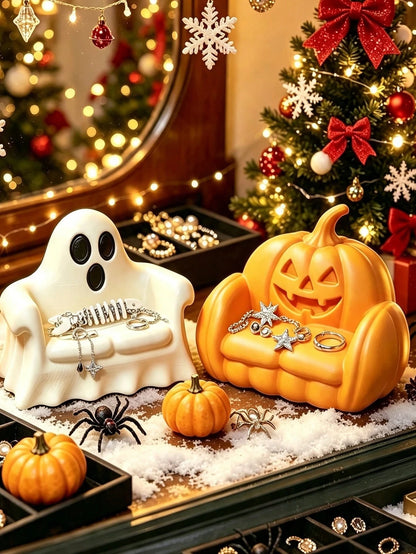 Halloween Pumpkin Sofa Shaped Jewelry Storage Tray, Cute Ghost Sofa, Pumpkin Sofa Ring Necklace Earring Storage Rack, Gothic Halloween Resin Decorative Jewelry Storage Dish, Small Desktop Accessory Di