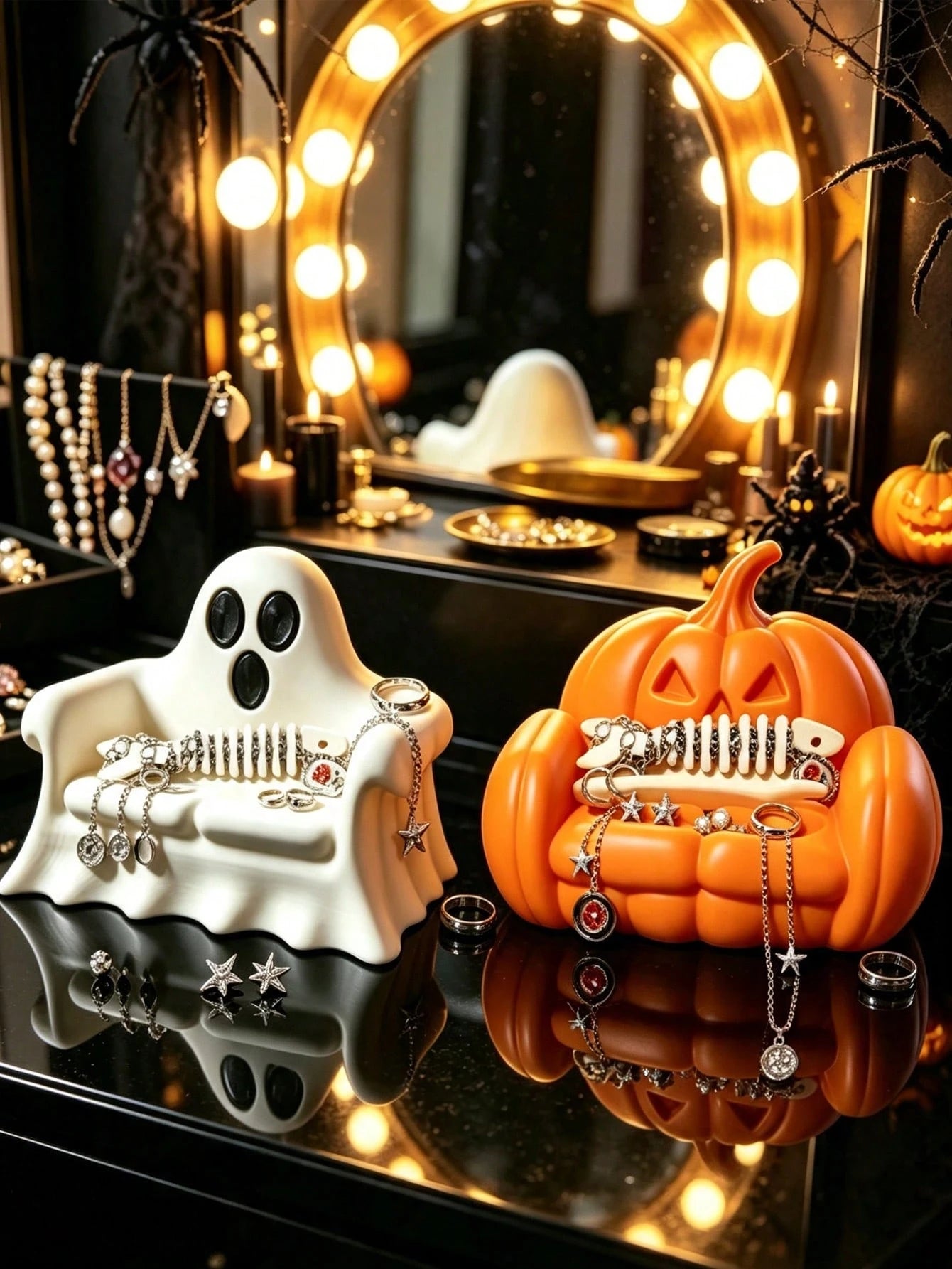 Halloween Pumpkin Sofa Shaped Jewelry Storage Tray, Cute Ghost Sofa, Pumpkin Sofa Ring Necklace Earring Storage Rack, Gothic Halloween Resin Decorative Jewelry Storage Dish, Small Desktop Accessory Di