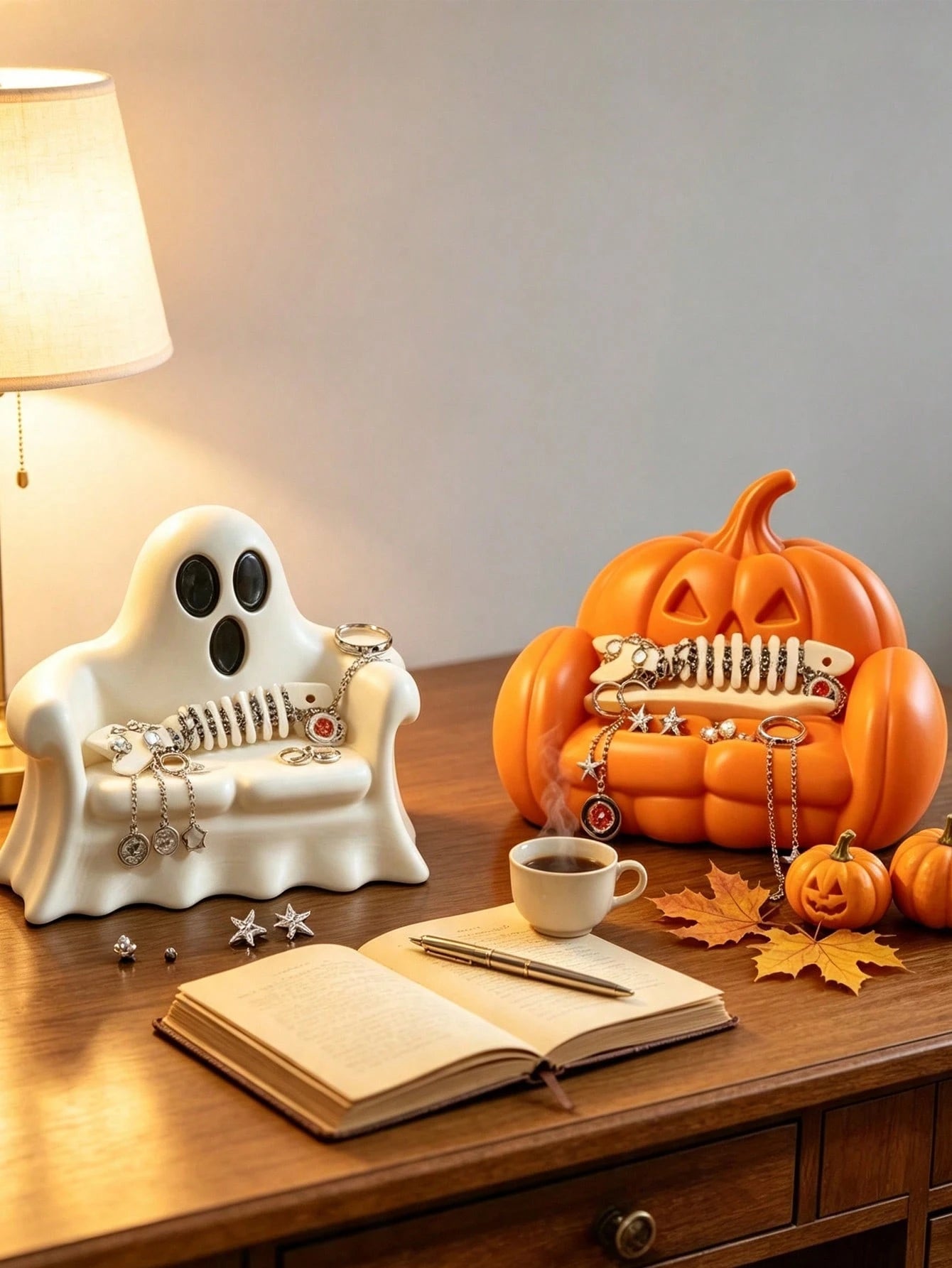 Halloween Pumpkin Sofa Shaped Jewelry Storage Tray, Cute Ghost Sofa, Pumpkin Sofa Ring Necklace Earring Storage Rack, Gothic Halloween Resin Decorative Jewelry Storage Dish, Small Desktop Accessory Di