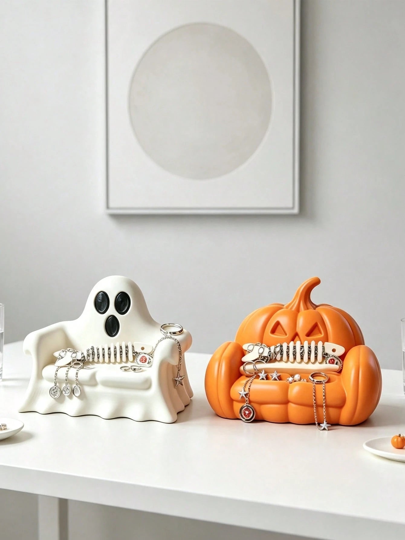 Halloween Pumpkin Sofa Shaped Jewelry Storage Tray, Cute Ghost Sofa, Pumpkin Sofa Ring Necklace Earring Storage Rack, Gothic Halloween Resin Decorative Jewelry Storage Dish, Small Desktop Accessory Di