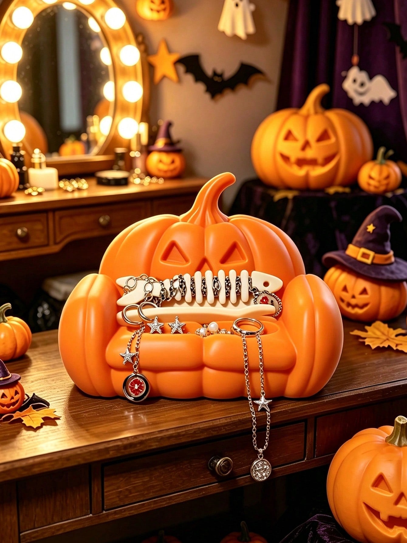Halloween Pumpkin Sofa Shaped Jewelry Storage Tray, Cute Ghost Sofa, Pumpkin Sofa Ring Necklace Earring Storage Rack, Gothic Halloween Resin Decorative Jewelry Storage Dish, Small Desktop Accessory Di