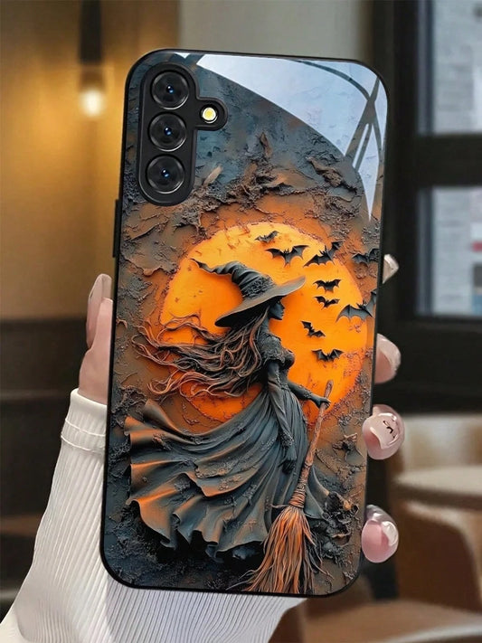Hallows Day Bat Witch Phone Case With Glass Texture. Suitable For IPhone17,16, 15, 14, 13, 12, 11, Pro Max Plus, Galaxy 25/24/23/22/21/ULTRA/PLUS/FE/Able-Pri71/56/55/54/53/52/36/35/34/26/25/23/16/15/1