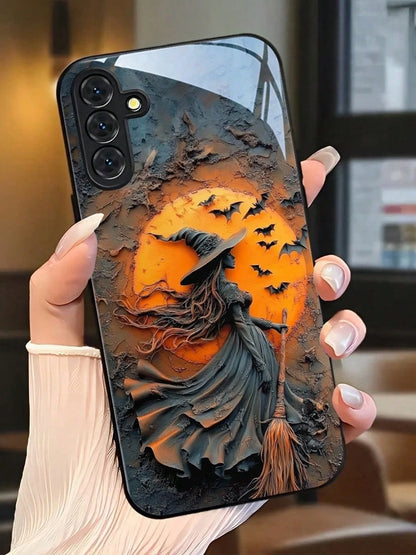 Hallows Day Bat Witch Phone Case With Glass Texture. Suitable For IPhone17,16, 15, 14, 13, 12, 11, Pro Max Plus, Galaxy 25/24/23/22/21/ULTRA/PLUS/FE/Able-Pri71/56/55/54/53/52/36/35/34/26/25/23/16/15/1