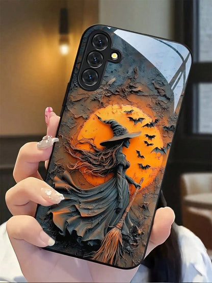 Hallows Day Bat Witch Phone Case With Glass Texture. Suitable For IPhone17,16, 15, 14, 13, 12, 11, Pro Max Plus, Galaxy 25/24/23/22/21/ULTRA/PLUS/FE/Able-Pri71/56/55/54/53/52/36/35/34/26/25/23/16/15/1
