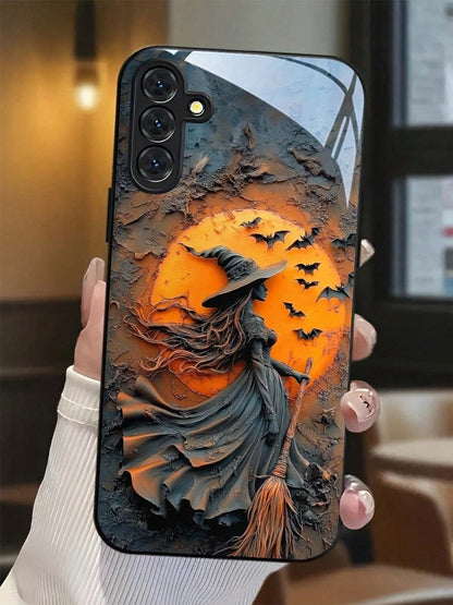Hallows Day Bat Witch Phone Case With Glass Texture. Suitable For IPhone17,16, 15, 14, 13, 12, 11, Pro Max Plus, Galaxy 25/24/23/22/21/ULTRA/PLUS/FE/Able-Pri71/56/55/54/53/52/36/35/34/26/25/23/16/15/1
