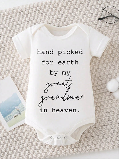 HAND PICKED FOR EARTH BY MY GREAT GRANDMA IN HEAVEN Print Casual Comfortable Short Sleeve Baby Romper Funny Newborn Boys Clothes 100% Cotton Triangle Jumpsuit