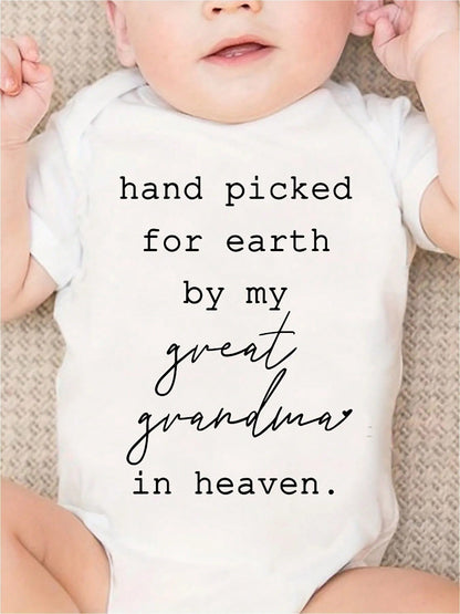 HAND PICKED FOR EARTH BY MY GREAT GRANDMA IN HEAVEN Print Casual Comfortable Short Sleeve Baby Romper Funny Newborn Boys Clothes 100% Cotton Triangle Jumpsuit