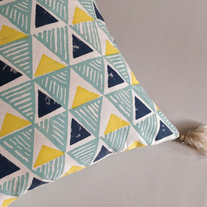 Block Print Cushion Cover in Yellow Handmade and Fair Trade - corner with tassel