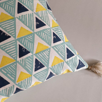 Block Print Cushion Cover in Yellow Handmade and Fair Trade - corner with tassel