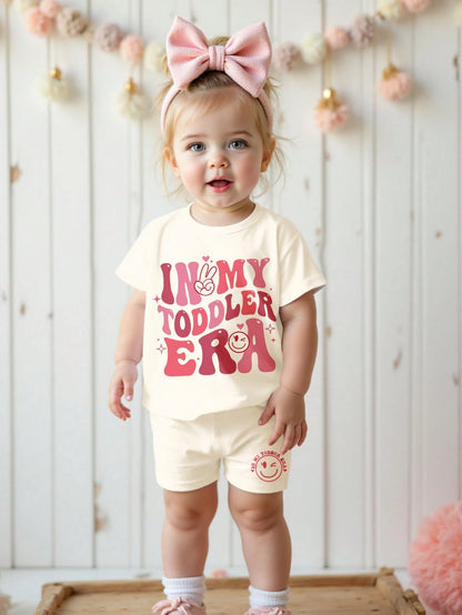 Happikins Baby Girl White Summer Casual In My Toddler Era Graphic Letter Print Loose Crew Neck T-Shirt And Tight Shorts Set,Vacation Clothes