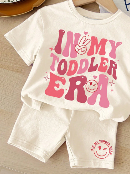 Happikins Baby Girl White Summer Casual In My Toddler Era Graphic Letter Print Loose Crew Neck T-Shirt And Tight Shorts Set,Vacation Clothes
