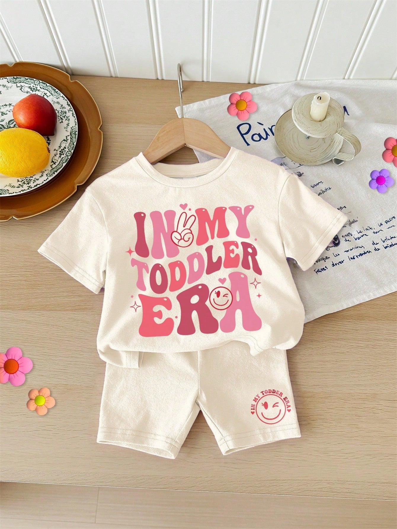 Happikins Baby Girl White Summer Casual In My Toddler Era Graphic Letter Print Loose Crew Neck T-Shirt And Tight Shorts Set,Vacation Clothes