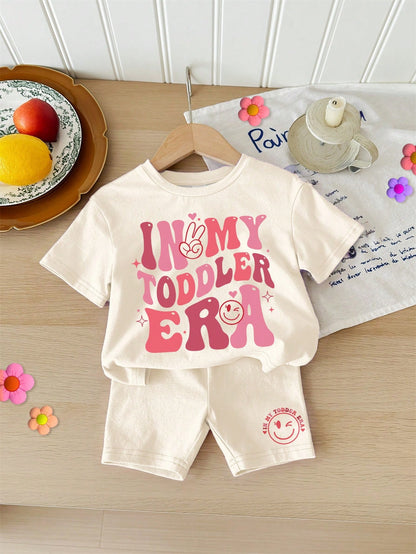 Happikins Baby Girl White Summer Casual In My Toddler Era Graphic Letter Print Loose Crew Neck T-Shirt And Tight Shorts Set,Vacation Clothes
