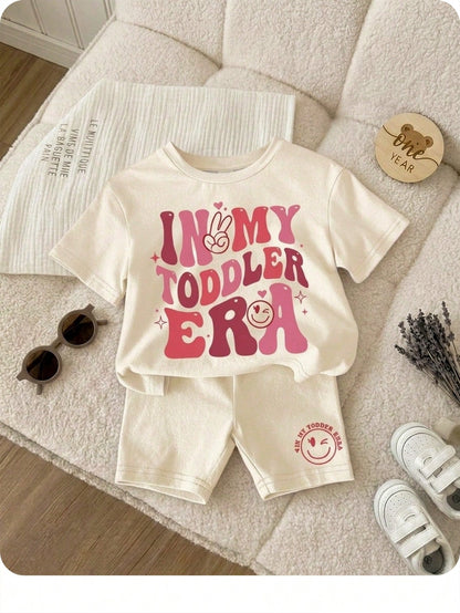 Happikins Baby Girl White Summer Casual In My Toddler Era Graphic Letter Print Loose Crew Neck T-Shirt And Tight Shorts Set,Vacation Clothes