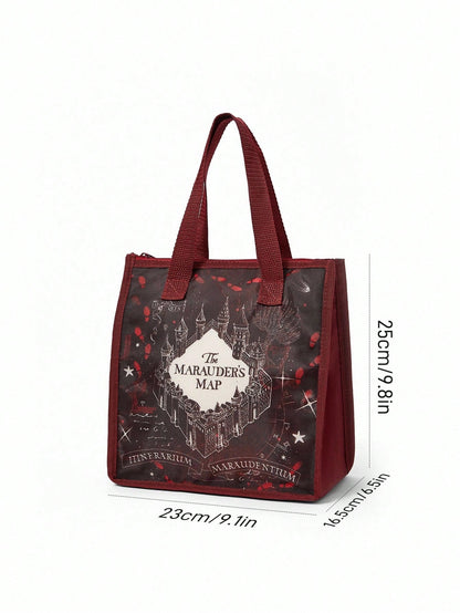 HARRY POTTER X 1 Pc Marauder's Map Printed Insulated Lunch Bag, Keeps Food Warm Or Cold, Large Capacity Picnic Bag Fits Lunch Box & Drink, Suitable For Picnic, Camping, Travel, Home Use, Family
