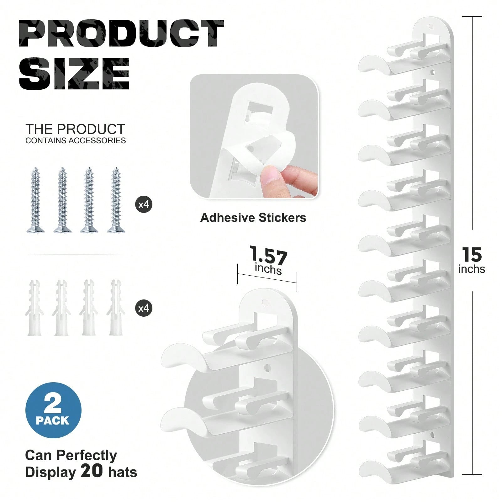 Hatisan 2 Pack Hat Organizer Holder For Baseball Caps, Strong Adhesive Hat Rack For Wall, MultiLayer Hat Storage, Durable Plastic, Wall Mounted Hat Hooks Hold Up To 20 Hats For Closet Door And Bedroom