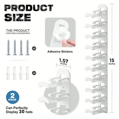 Hatisan 2 Pack Hat Organizer Holder For Baseball Caps, Strong Adhesive Hat Rack For Wall, MultiLayer Hat Storage, Durable Plastic, Wall Mounted Hat Hooks Hold Up To 20 Hats For Closet Door And Bedroom