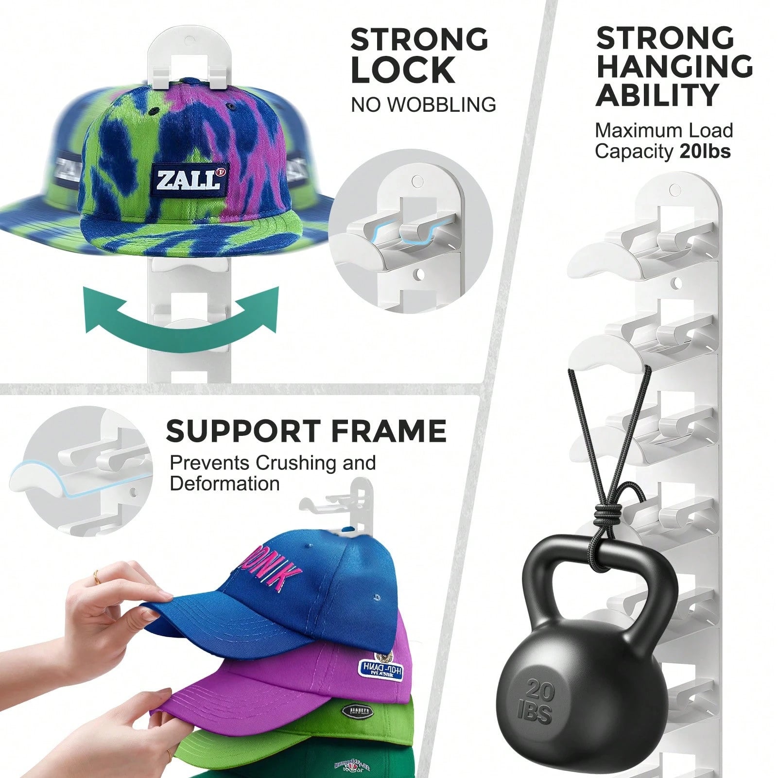 Hatisan 2 Pack Hat Organizer Holder For Baseball Caps, Strong Adhesive Hat Rack For Wall, MultiLayer Hat Storage, Durable Plastic, Wall Mounted Hat Hooks Hold Up To 20 Hats For Closet Door And Bedroom