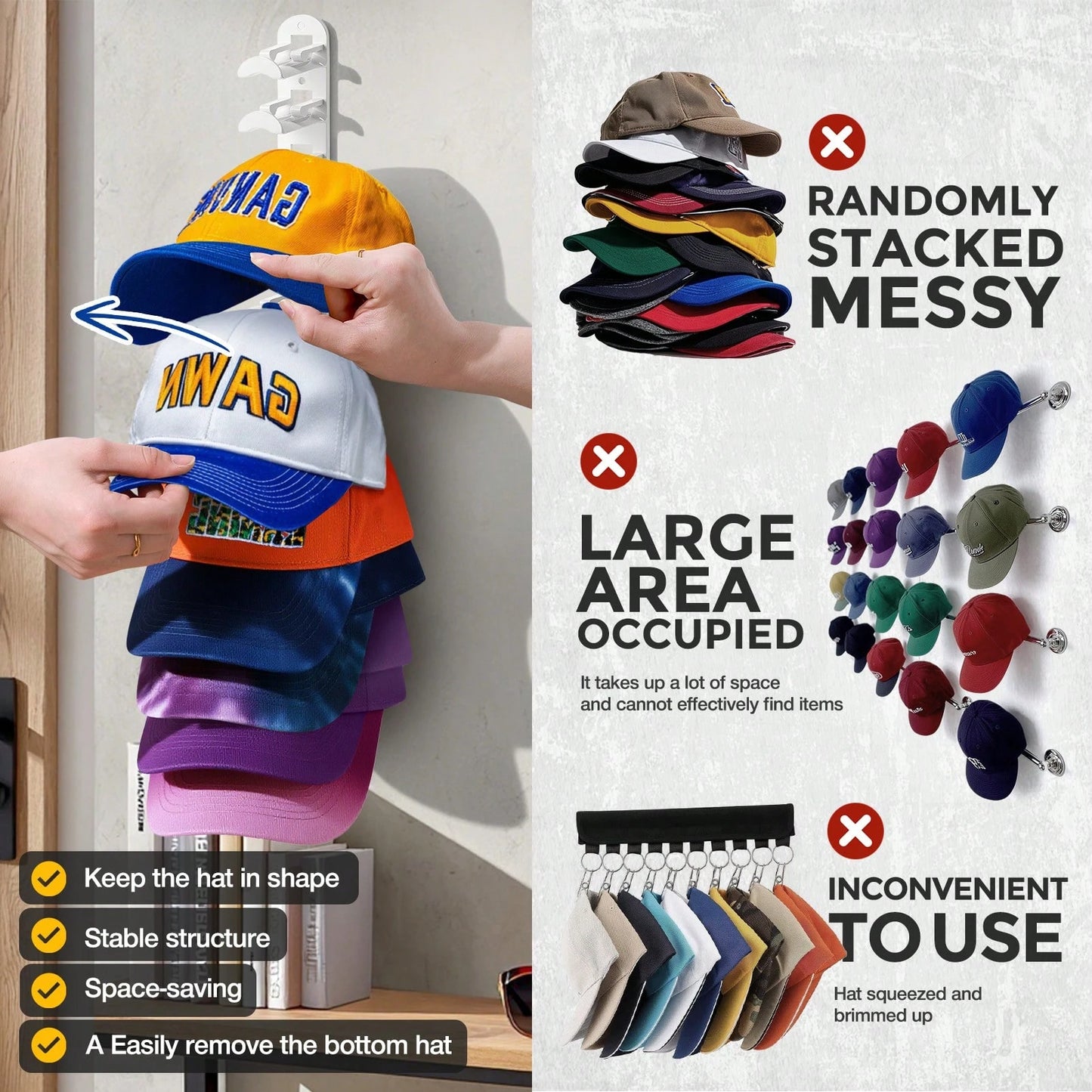 Hatisan 2 Pack Hat Organizer Holder For Baseball Caps, Strong Adhesive Hat Rack For Wall, MultiLayer Hat Storage, Durable Plastic, Wall Mounted Hat Hooks Hold Up To 20 Hats For Closet Door And Bedroom