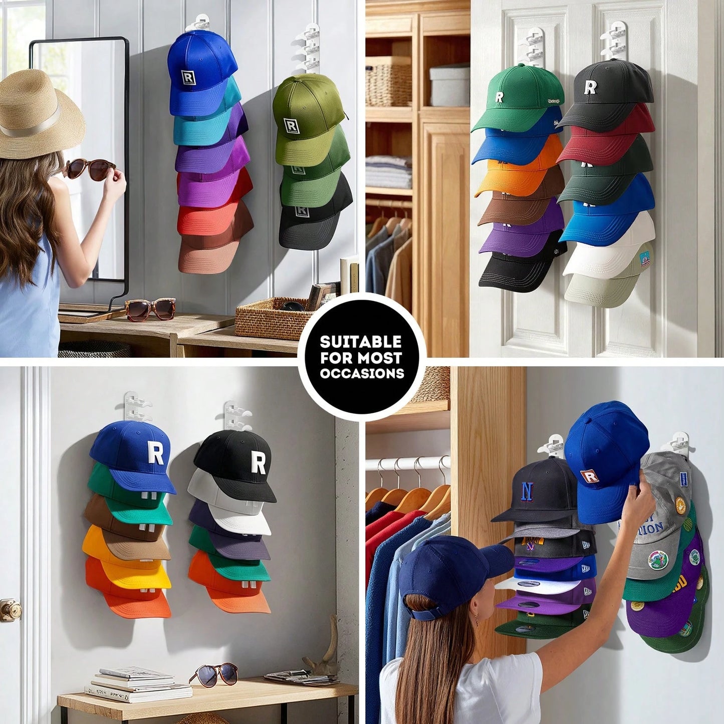 Hatisan 2 Pack Hat Organizer Holder For Baseball Caps, Strong Adhesive Hat Rack For Wall, MultiLayer Hat Storage, Durable Plastic, Wall Mounted Hat Hooks Hold Up To 20 Hats For Closet Door And Bedroom