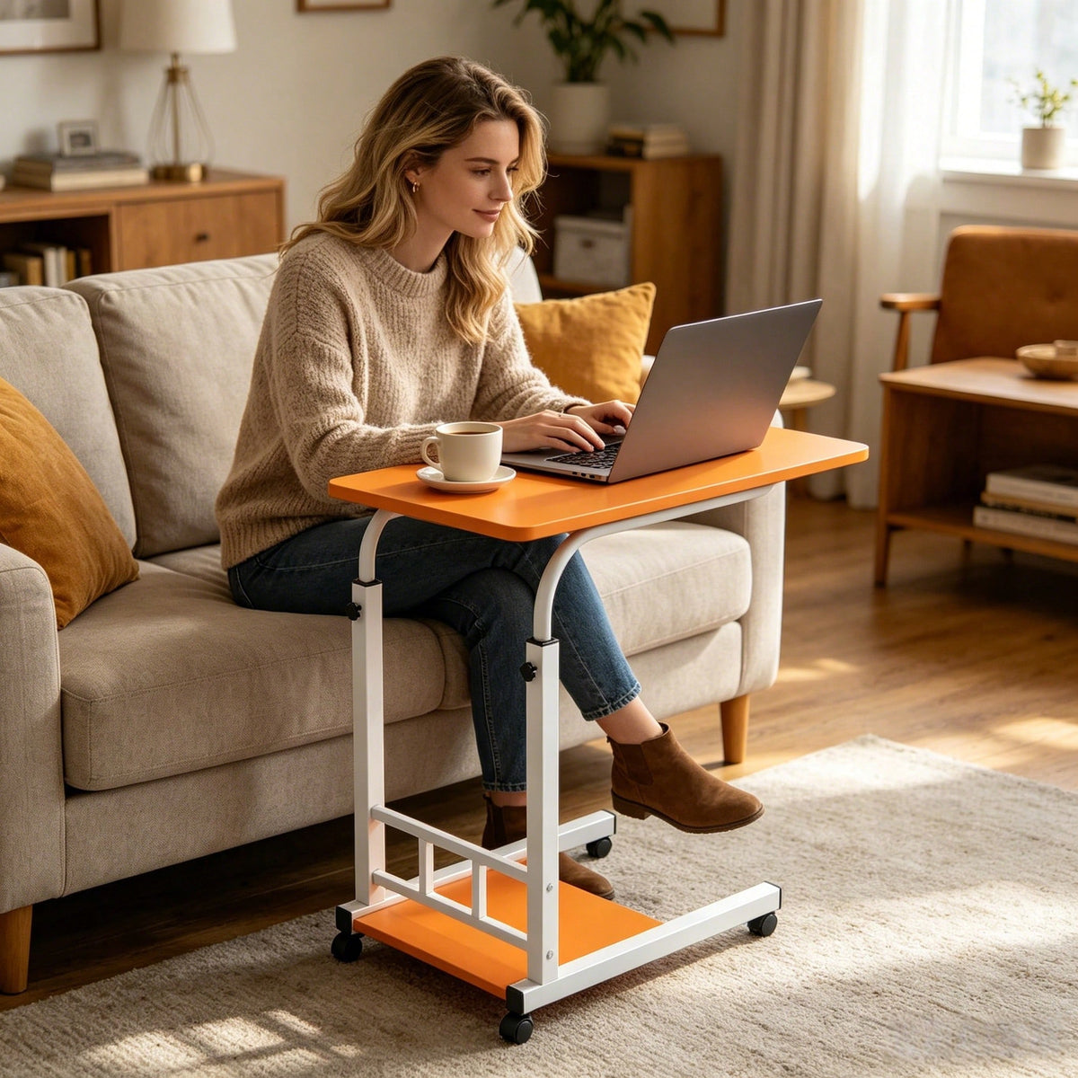 Height Adjustable C-Shaped Side Table With Wheels, Rolling Mobile Laptop Desk Overbed Table, Portable End Table Snack Tray Cart For Sofa Couch Bed Living Room Home Office Work Study Gaming, Perfect Gi