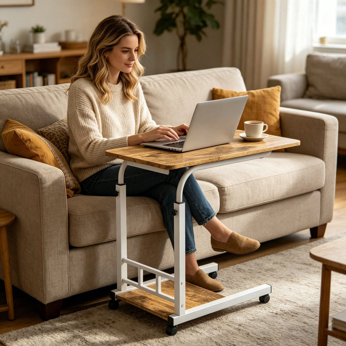Height Adjustable C-Shaped Side Table With Wheels, Rolling Mobile Laptop Desk Overbed Table, Portable End Table Snack Tray Cart For Sofa Couch Bed Living Room Home Office Work Study Gaming, Perfect Gi