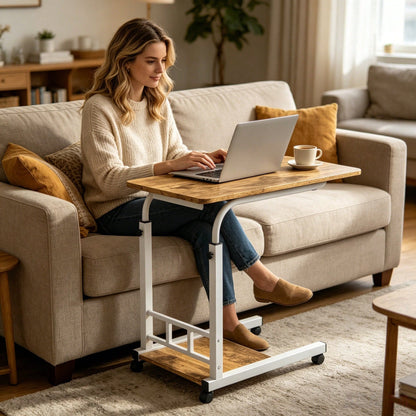 Height Adjustable C-Shaped Side Table With Wheels, Rolling Mobile Laptop Desk Overbed Table, Portable End Table Snack Tray Cart For Sofa Couch Bed Living Room Home Office Work Study Gaming, Perfect Gi