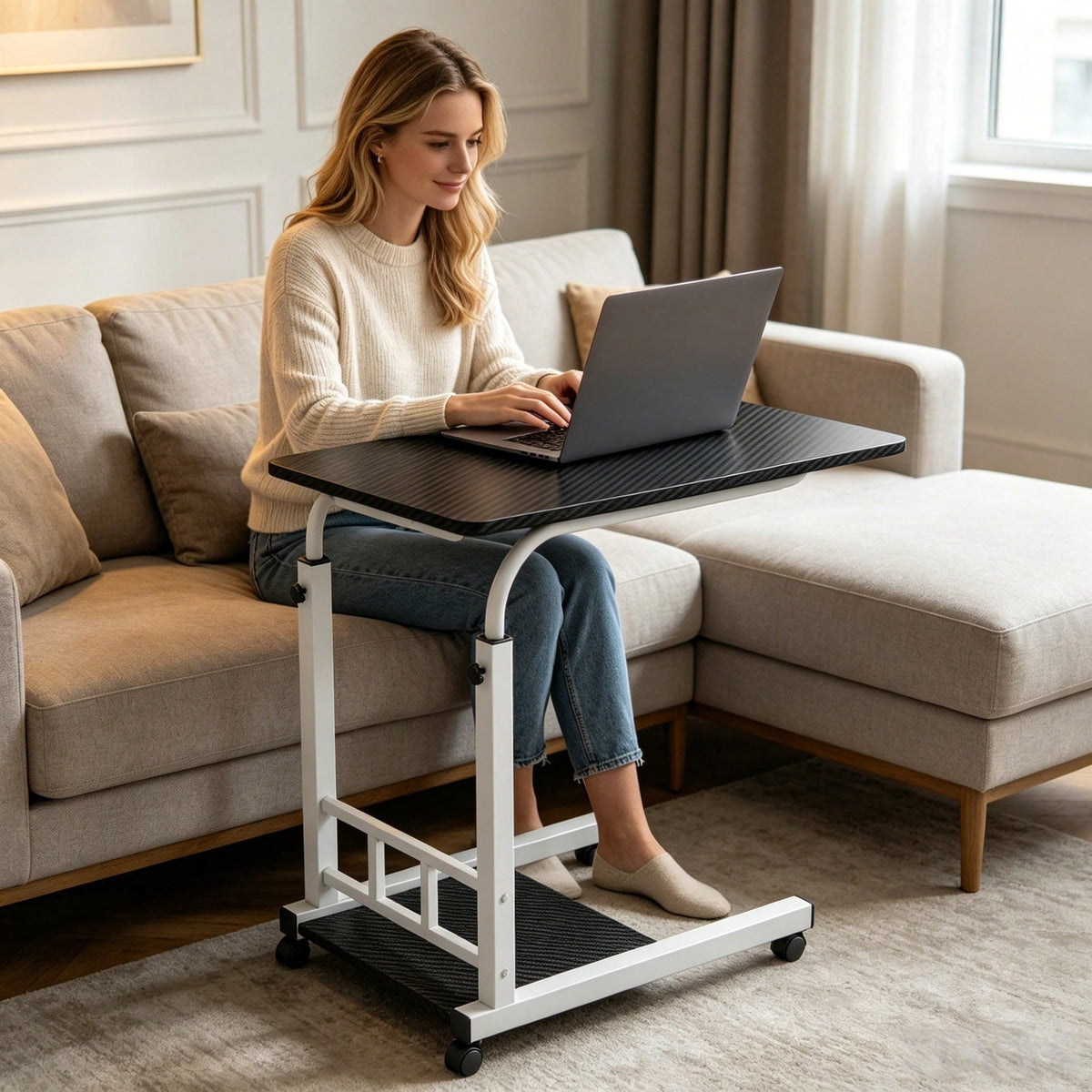 Height Adjustable C-Shaped Side Table With Wheels, Rolling Mobile Laptop Desk Overbed Table, Portable End Table Snack Tray Cart For Sofa Couch Bed Living Room Home Office Work Study Gaming, Perfect Gi