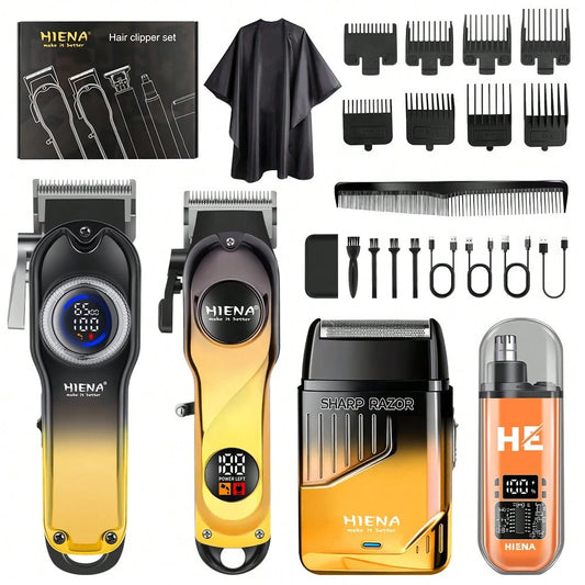 HIENA 4-In-1 Professional Men's Hair Clipper Trimmer Set LCD Digital Display Wireless Hair Clipper Trimmer Shaver Nose Hair Trimmer Men's Grooming Tool Gift Set