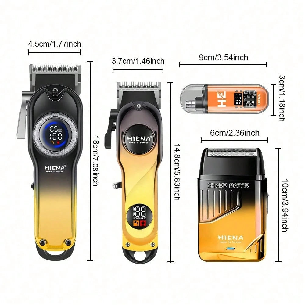 HIENA 4-In-1 Professional Men's Hair Clipper Trimmer Set LCD Digital Display Wireless Hair Clipper Trimmer Shaver Nose Hair Trimmer Men's Grooming Tool Gift Set