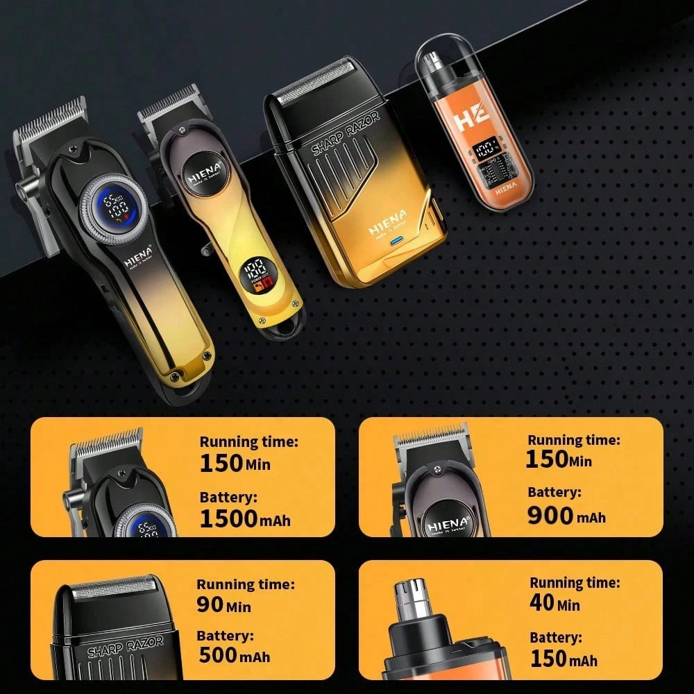 HIENA 4-In-1 Professional Men's Hair Clipper Trimmer Set LCD Digital Display Wireless Hair Clipper Trimmer Shaver Nose Hair Trimmer Men's Grooming Tool Gift Set