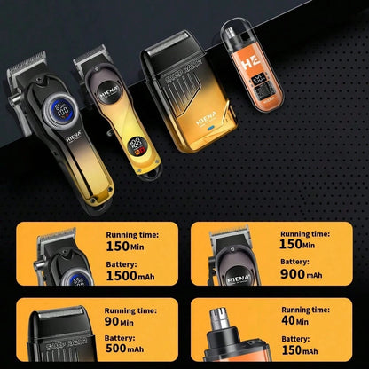 HIENA 4-In-1 Professional Men's Hair Clipper Trimmer Set LCD Digital Display Wireless Hair Clipper Trimmer Shaver Nose Hair Trimmer Men's Grooming Tool Gift Set