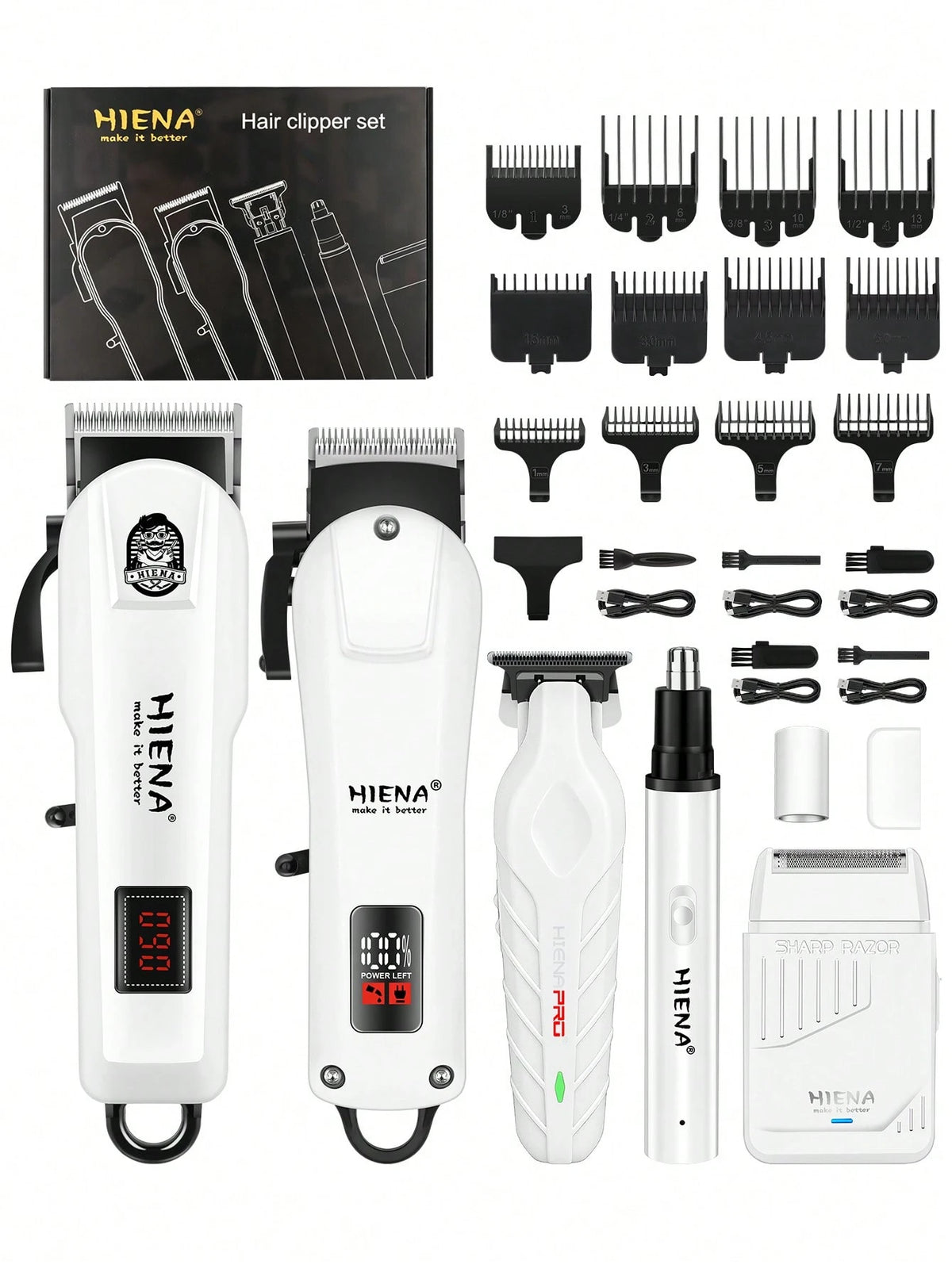 HIENA Men's Professional Hair Clipper 5-Piece Set Includes 1 Cordless Hair Clipper, Shaver, Detailer, Nose Hair Trimmer, USB Charging Kit And Multiple Accessories, Fully Meeting Daily Personal Care Ne