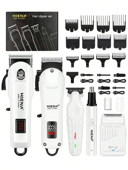 HIENA Men's Professional Hair Clipper 5-Piece Set Includes 1 Cordless Hair Clipper, Shaver, Detailer, Nose Hair Trimmer, USB Charging Kit And Multiple Accessories, Fully Meeting Daily Personal Care Ne