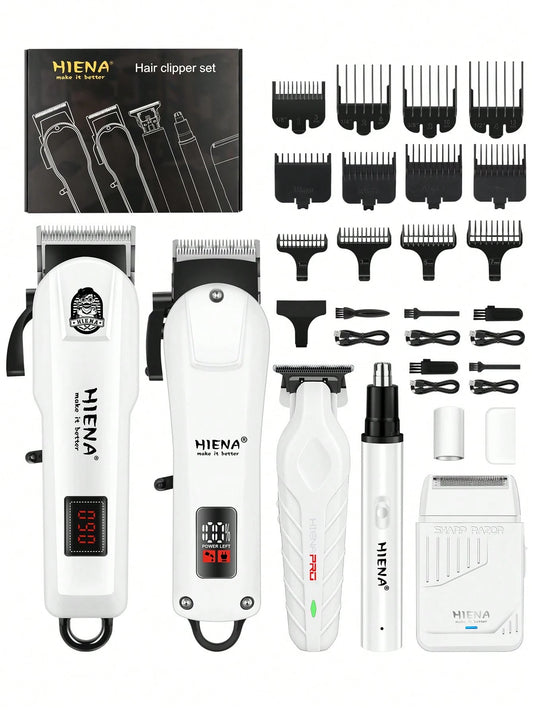 HIENA Men's Professional Hair Clipper 5-Piece Set Includes 1 Cordless Hair Clipper, Shaver, Detailer, Nose Hair Trimmer, USB Charging Kit And Multiple Accessories, Fully Meeting Daily Personal Care Ne
