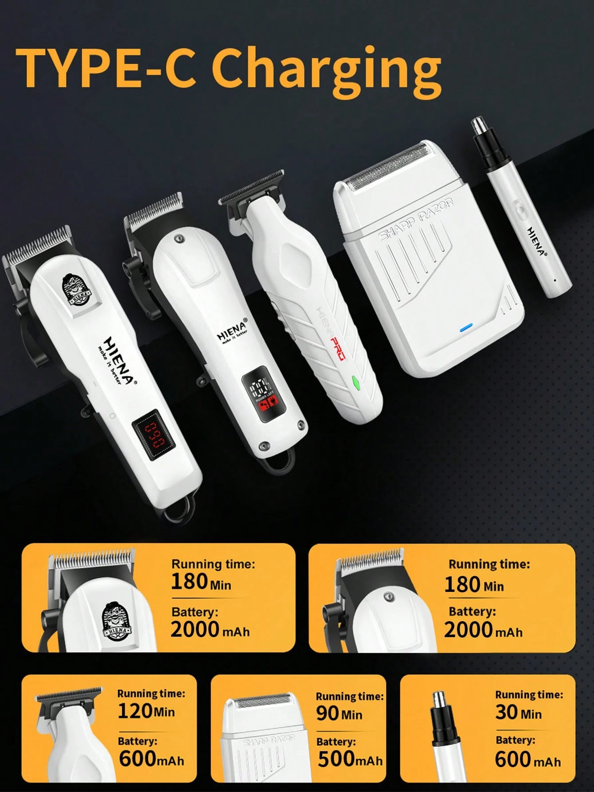 HIENA Men's Professional Hair Clipper 5-Piece Set Includes 1 Cordless Hair Clipper, Shaver, Detailer, Nose Hair Trimmer, USB Charging Kit And Multiple Accessories, Fully Meeting Daily Personal Care Ne