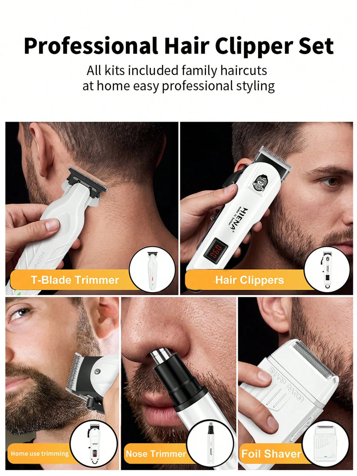 HIENA Men's Professional Hair Clipper 5-Piece Set Includes 1 Cordless Hair Clipper, Shaver, Detailer, Nose Hair Trimmer, USB Charging Kit And Multiple Accessories, Fully Meeting Daily Personal Care Ne