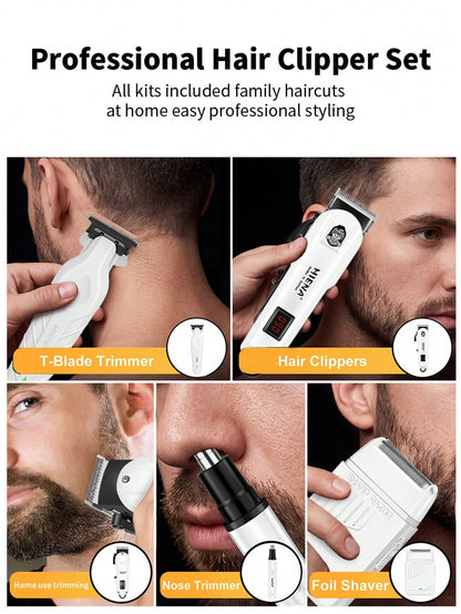 HIENA Men's Professional Hair Clipper 5-Piece Set Includes 1 Cordless Hair Clipper, Shaver, Detailer, Nose Hair Trimmer, USB Charging Kit And Multiple Accessories, Fully Meeting Daily Personal Care Ne