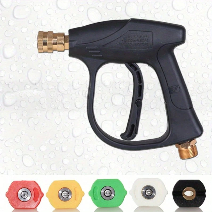 High-Pressure Cleaning Gun With 5/7-Color Quick-Connect Nozzles, Multi-Purpose Household Cleaning Accessory. Includes Short Spray Gun With 1/4" Quick-Connect, Car Wash Gloves, And Foam Spray Bottle.
