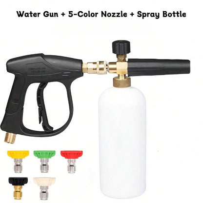High-Pressure Cleaning Gun With 5/7-Color Quick-Connect Nozzles, Multi-Purpose Household Cleaning Accessory. Includes Short Spray Gun With 1/4" Quick-Connect, Car Wash Gloves, And Foam Spray Bottle.