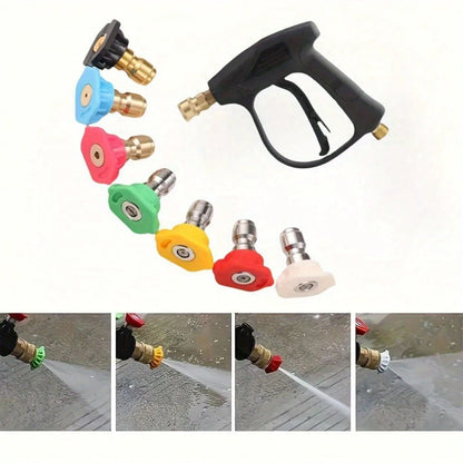 High-Pressure Cleaning Gun With 5/7-Color Quick-Connect Nozzles, Multi-Purpose Household Cleaning Accessory. Includes Short Spray Gun With 1/4" Quick-Connect, Car Wash Gloves, And Foam Spray Bottle.