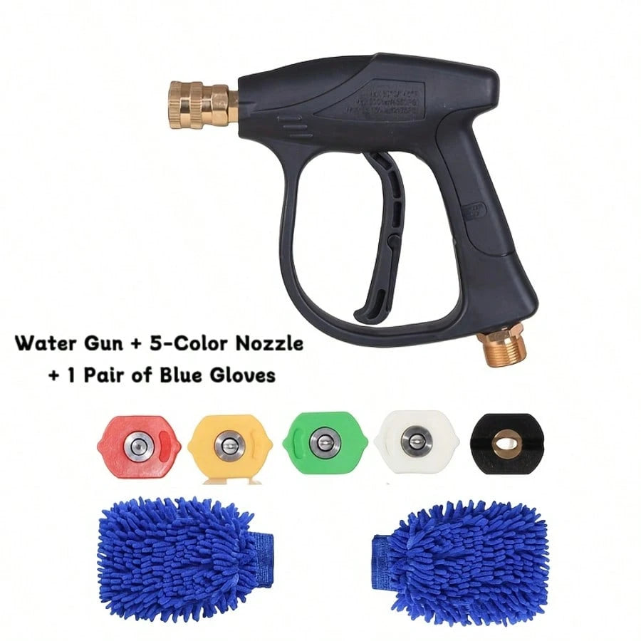 High-Pressure Cleaning Gun With 5/7-Color Quick-Connect Nozzles, Multi-Purpose Household Cleaning Accessory. Includes Short Spray Gun With 1/4" Quick-Connect, Car Wash Gloves, And Foam Spray Bottle.