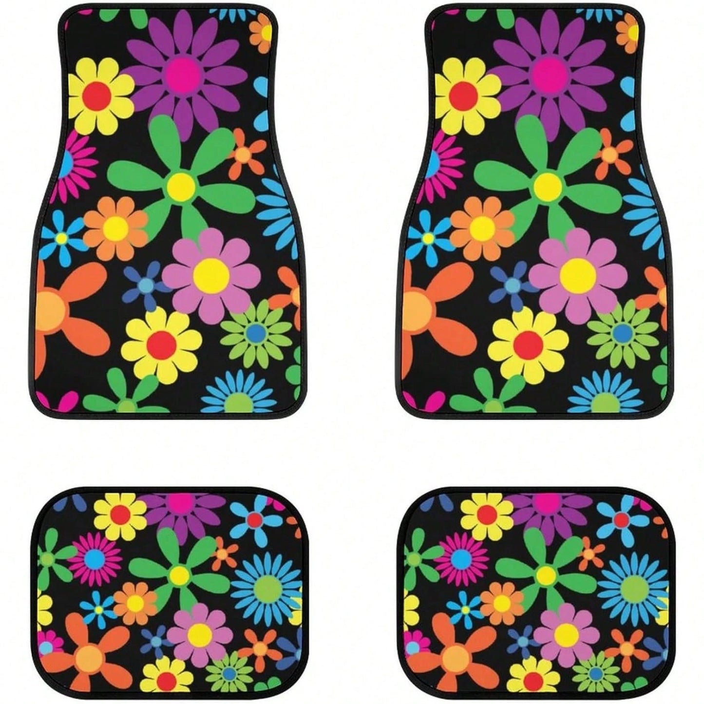 Hippie Flower 4-Piece Set Of Car Floor Mats, Front And Rear Rubber Base, All-Weather Universal Car Decoration Accessories, Suitable For SUVs,, Sedans, And Trucks