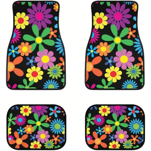 Hippie Flower 4-Piece Set Of Car Floor Mats, Front And Rear Rubber Base, All-Weather Universal Car Decoration Accessories, Suitable For SUVs,, Sedans, And Trucks
