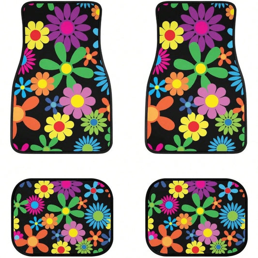 Hippie Flower 4-Piece Set Of Car Floor Mats, Front And Rear Rubber Base, All-Weather Universal Car Decoration Accessories, Suitable For SUVs,, Sedans, And Trucks